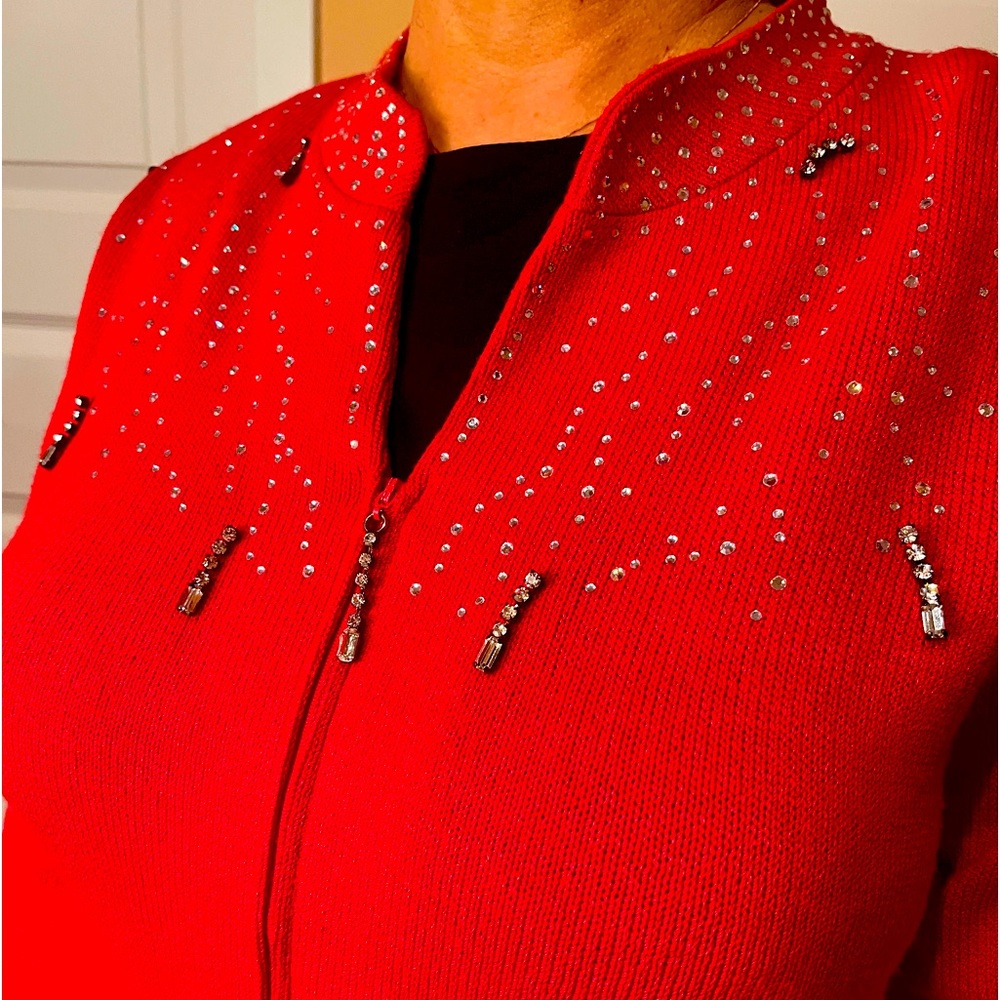 YM Studio Red Knit ZipperJacket/Top w/rhinestone front & base of sleeves 29”L